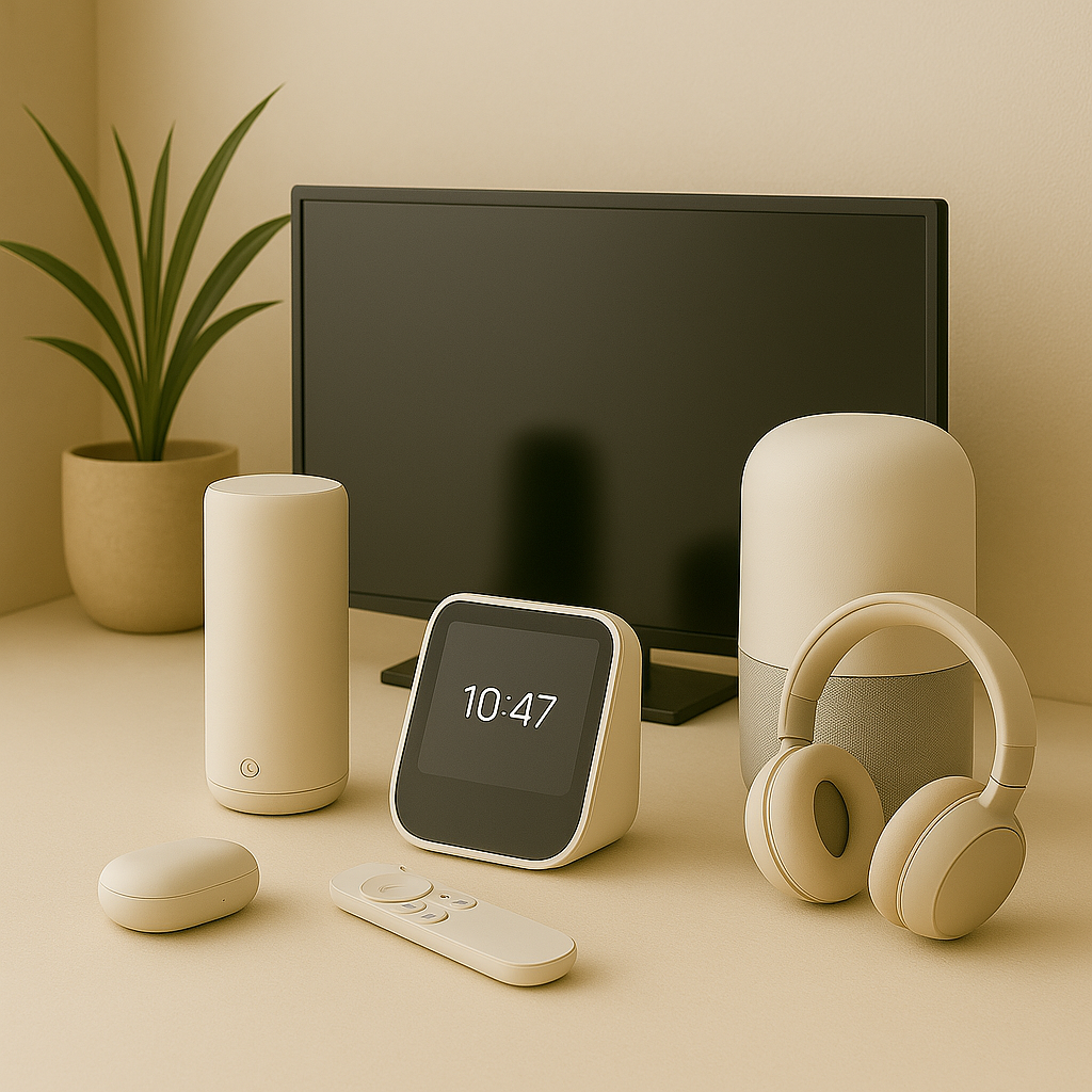 Modern home entertainment setup featuring smart TV, wireless speakers, voice-controlled sound system, and ambient lighting in a stylish minimalist living room