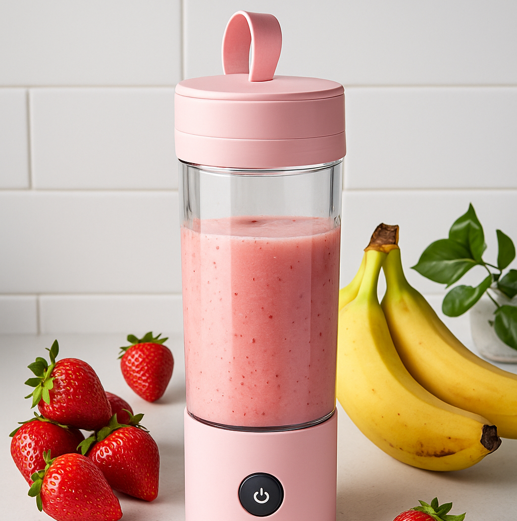 Pink portable USB blender filled with strawberry banana smoothie on kitchen counter with fresh fruit around — perfect tool for healthy drinks on the go