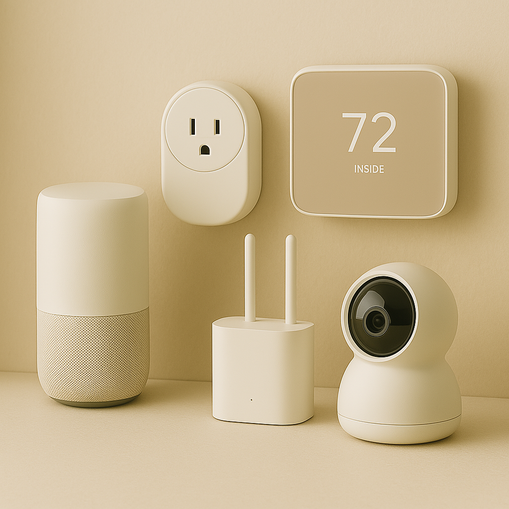 Minimalist smart home setup with essential devices for beginners including smart plug, light bulb, camera, and voice assistant