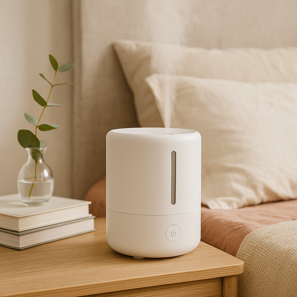 White compact humidifier releasing mist on wooden nightstand beside bed in cozy minimalist bedroom with soft light