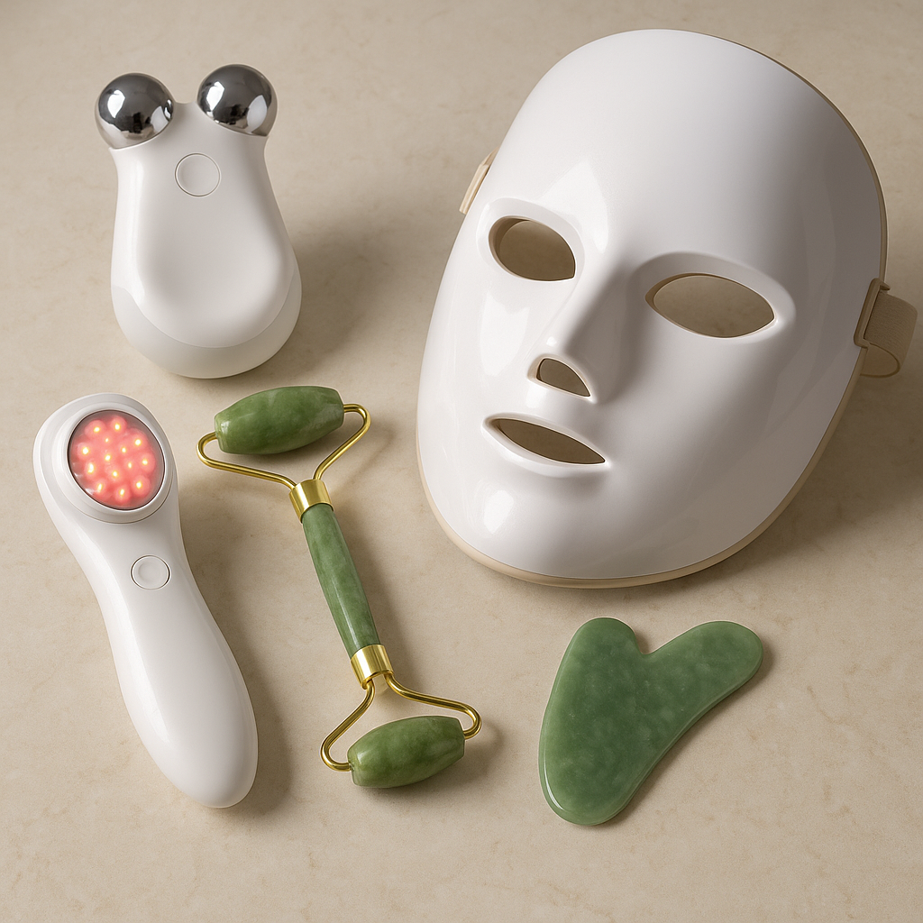 At-home massage tools for skin glow and relaxation—LED mask, microcurrent device, jade roller and gua sha on marble.