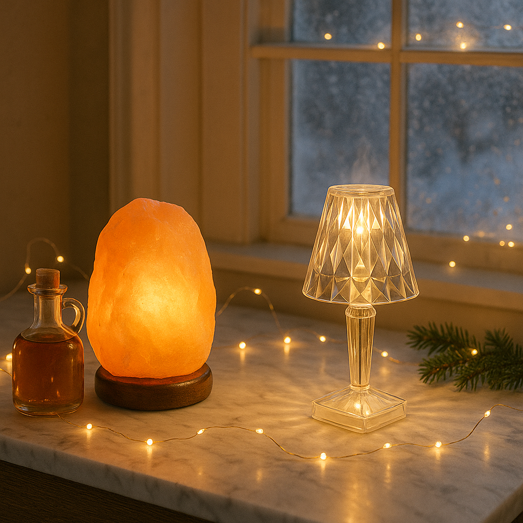 Glowing crystal lamps—Himalayan salt and faceted table lamp—with fairy lights on marble by a frosted winter window.