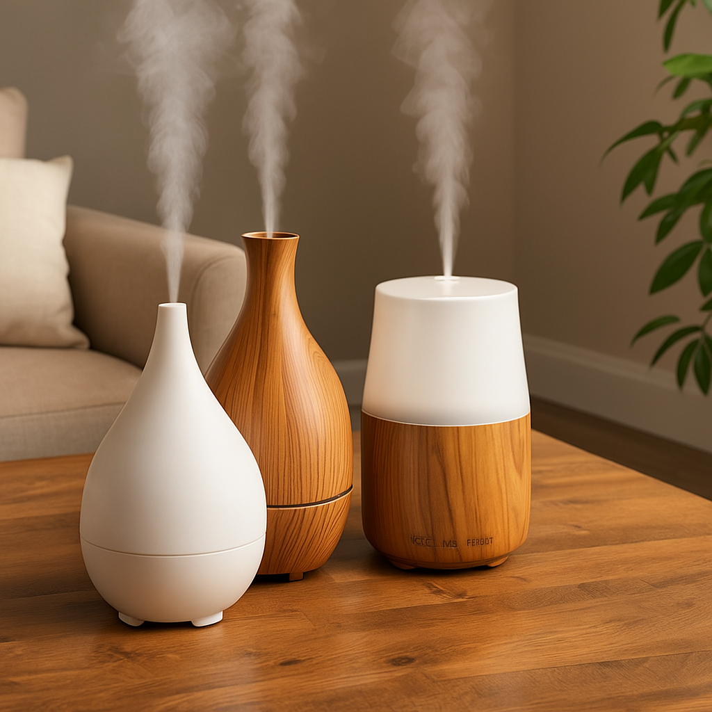 Essential oil diffusers releasing mist on wooden table in cozy living room with soft lighting and calm atmosphere