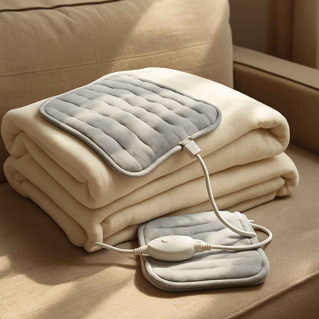 Heated blanket and gray heating pad on cozy beige sofa in warm light creating relaxing atmosphere for cold evenings