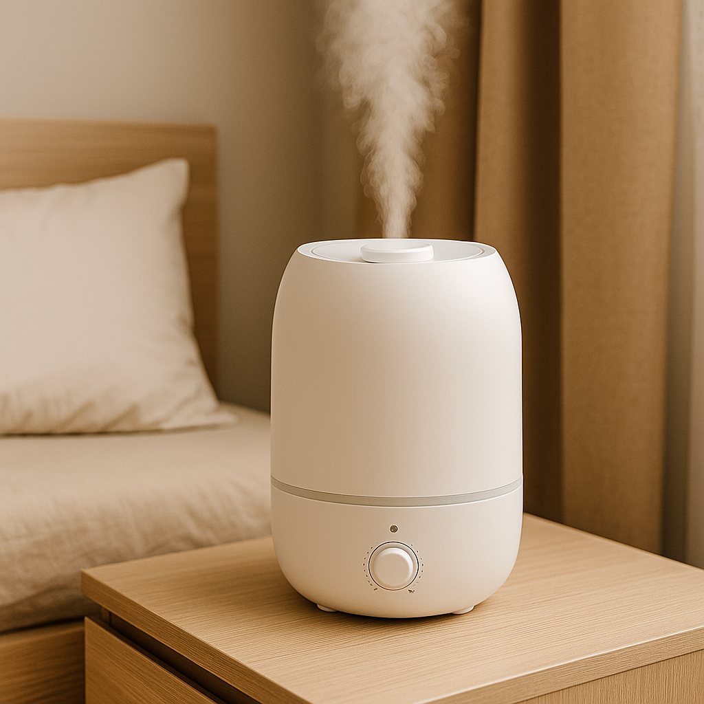 Best humidifier for bedroom with ultrasonic cool mist on a nightstand, creating a cozy sleep environment with warm lighting and comfort