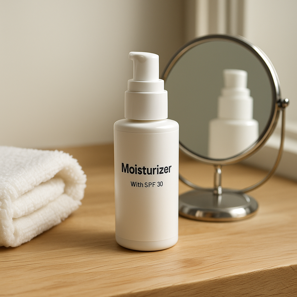 Moisturizer with SPF bottle on wooden counter near mirror and towel, minimalist daily skincare setup in natural light