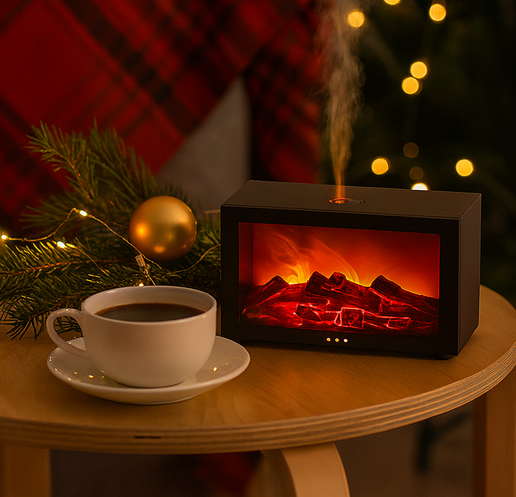 Cozy Christmas scene with a cup of coffee and a Fireplace Flame Air Humidifier emitting warm mist on a wooden table, surrounded by holiday lights and decor