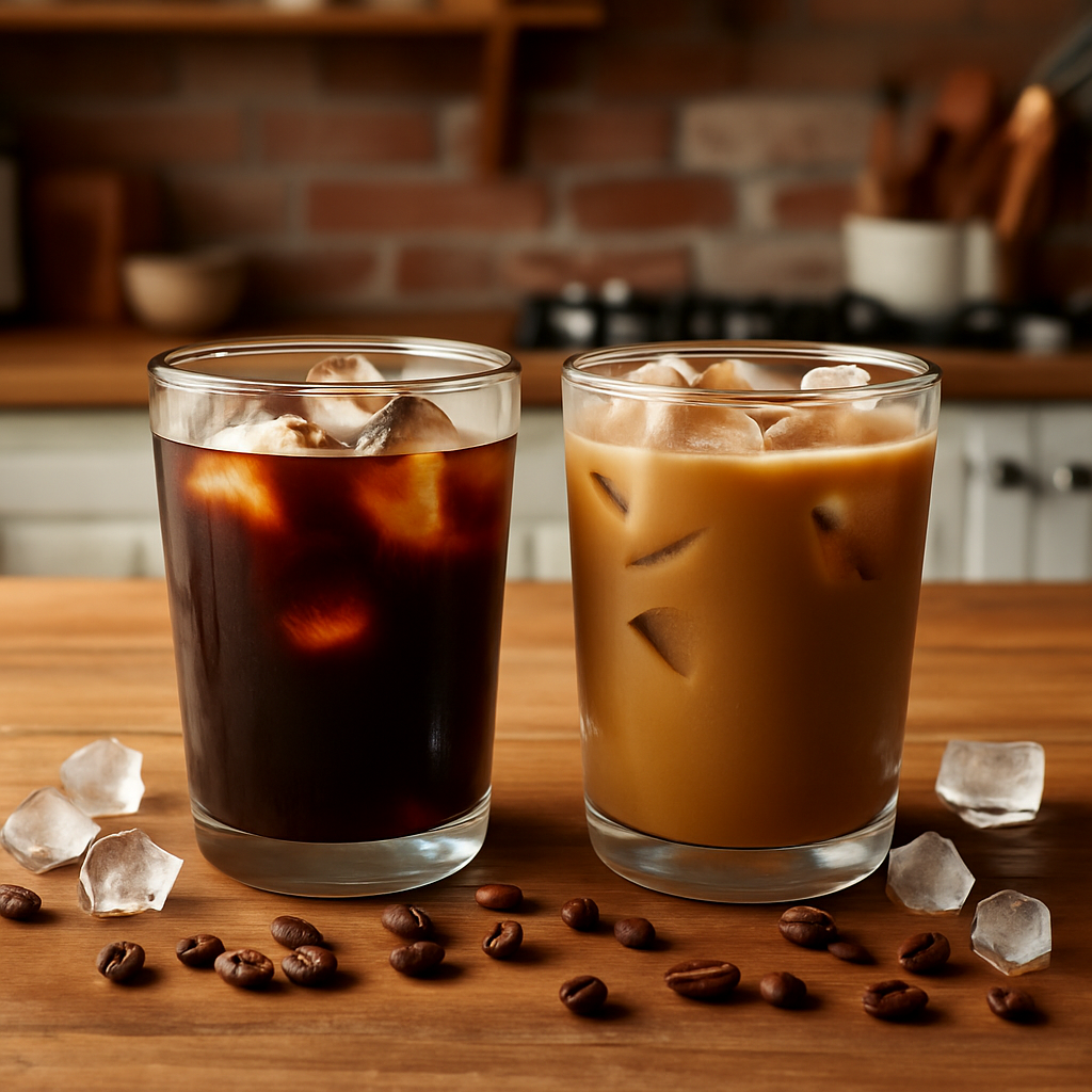 Two glasses of cold brew and iced coffee side by side with ice cubes on wooden table in cozy kitchen with natural light