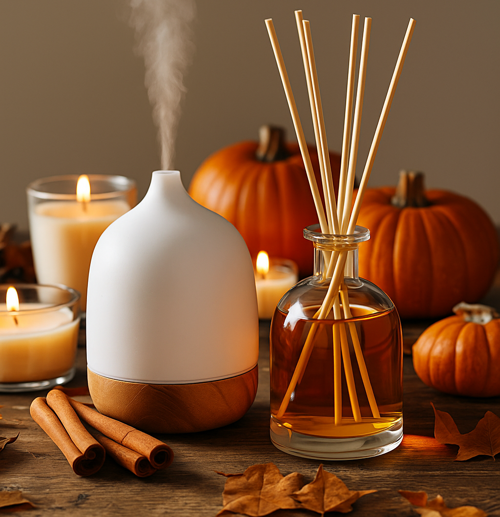 Aroma diffuser and reed diffuser with candles, cinnamon sticks and pumpkins on wooden table creating cozy fall home atmosphere