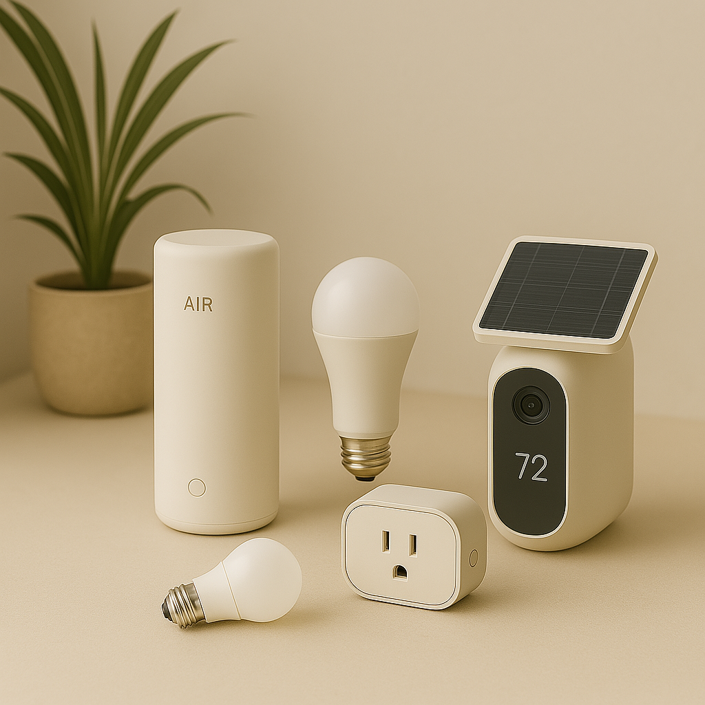 Energy-efficient smart home devices including a smart plug, eco-friendly LED light, smart thermostat, and connected kitchen appliances on neutral background