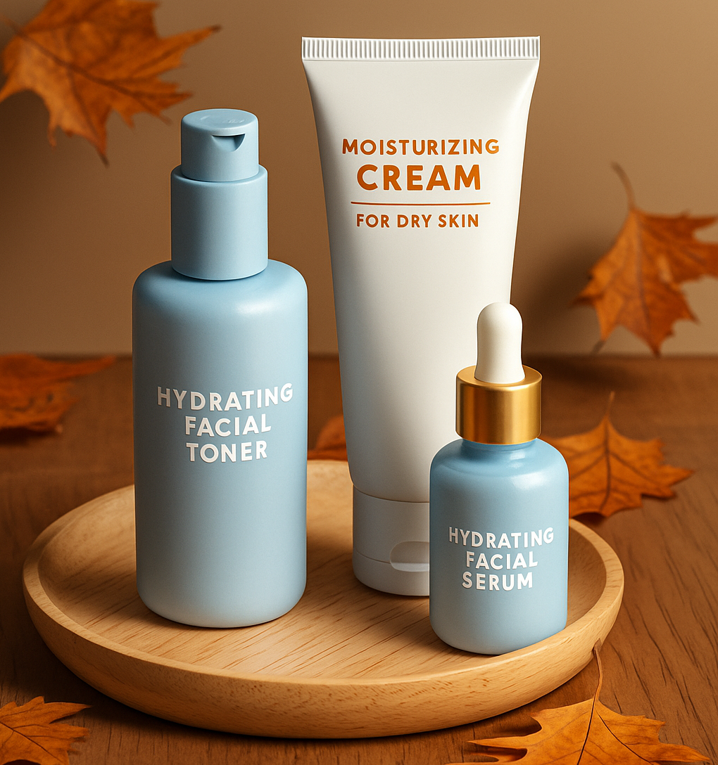 Moisturizing cream and hydrating serum on wooden tray with autumn leaves creating cozy fall skincare atmosphere