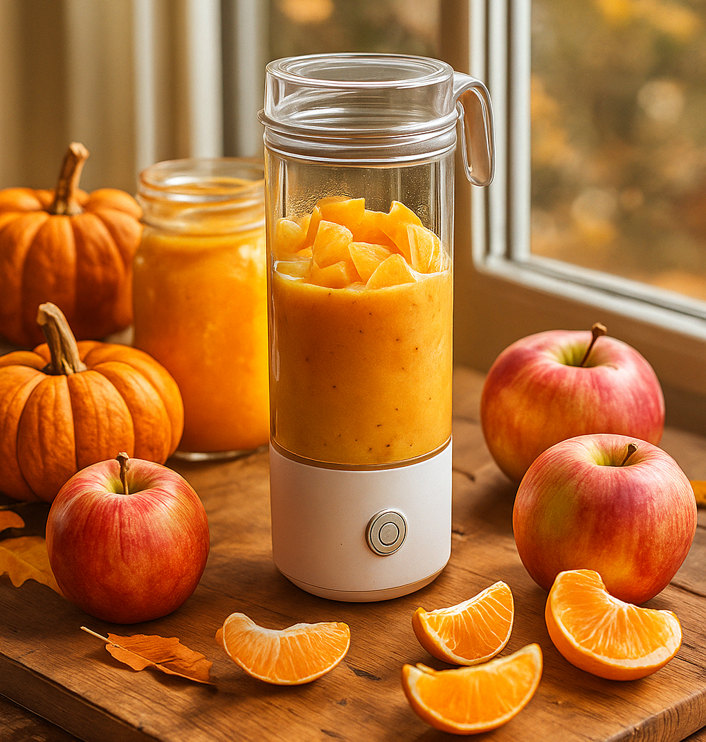Portable blender with pumpkin and apple smoothies on wooden table surrounded by autumn fruits and warm morning light