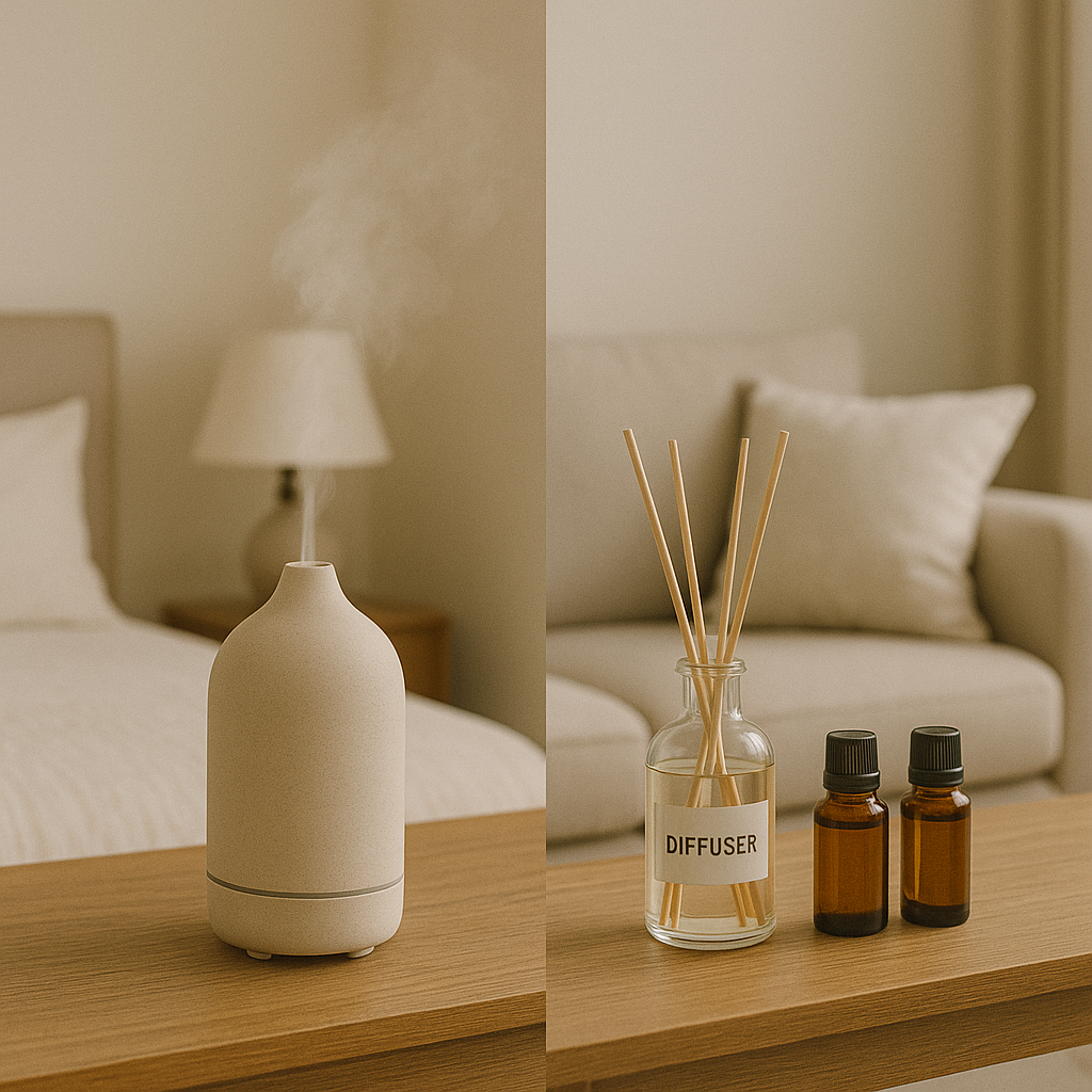 Ultrasonic diffuser and reed diffuser styled in bedroom and living room on wooden console, neutral cozy interior.