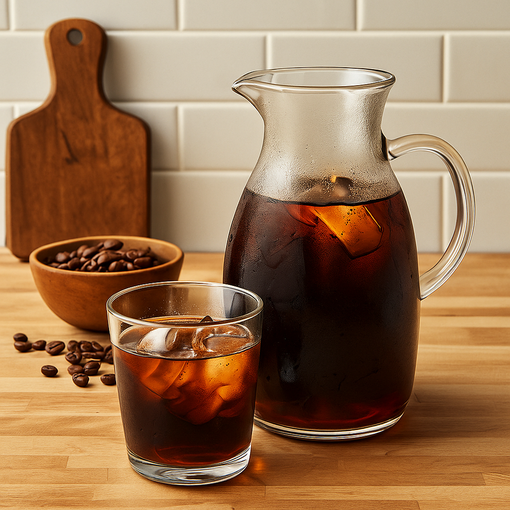 Glass pitcher and tumbler of cold brew coffee with ice on wooden countertop in cozy kitchen with natural light