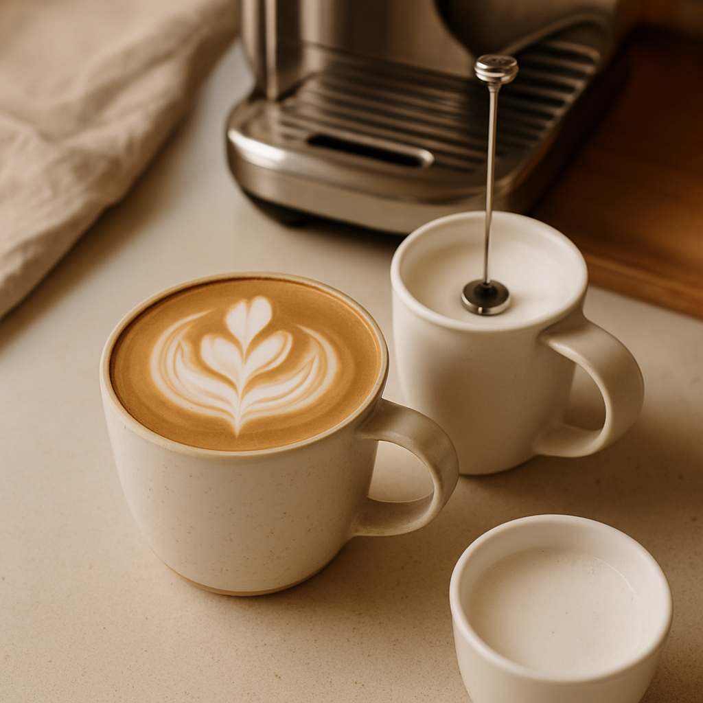 Cup of latte with heart-shaped foam art next to milk frother on cozy kitchen counter with natural light