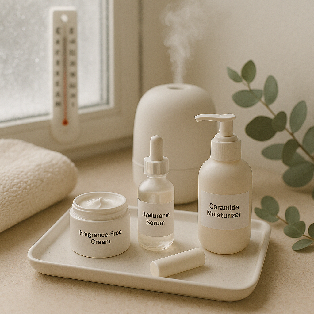 Fragrance-free winter skincare: ceramide moisturizer, hyaluronic serum and cream on a tray by a frosted window with a humidifier.