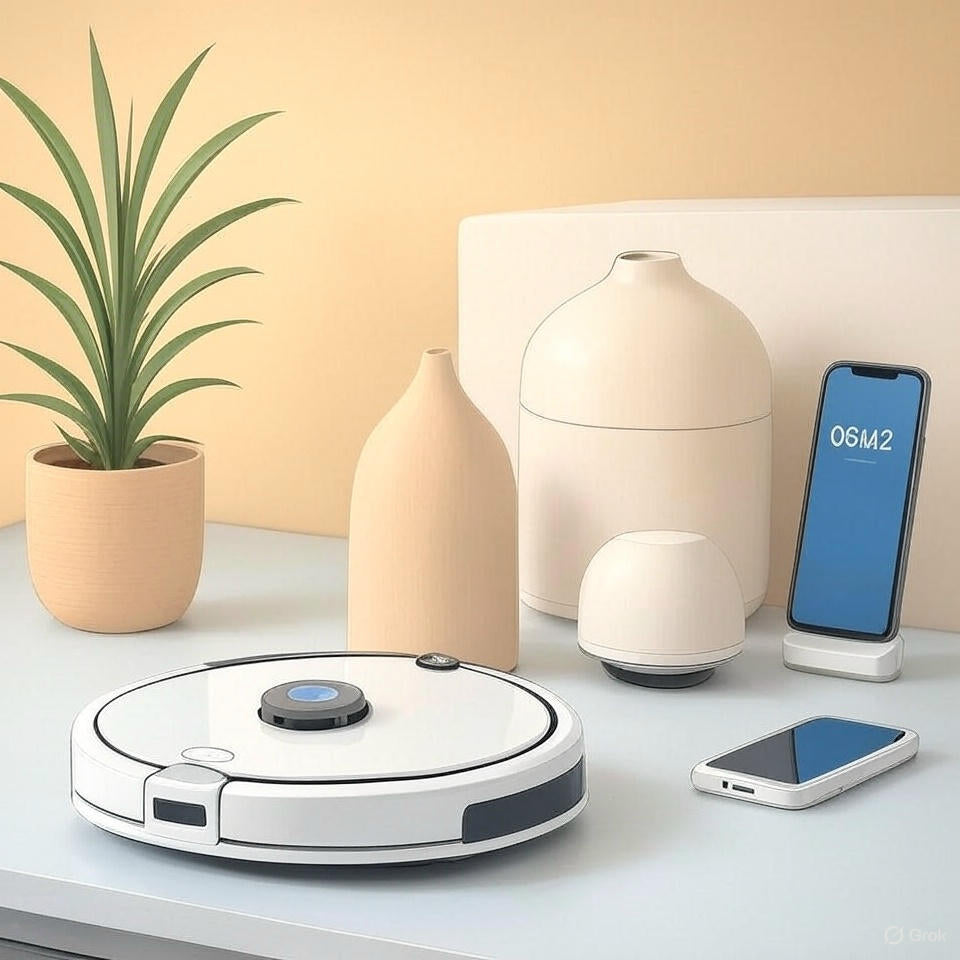 Minimalist smart home setup with KINSCOTER Flower Aroma Diffuser, Low Noise Robot Vacuum Cleaner, and smartphones on a white surface with a plant and vases in the background