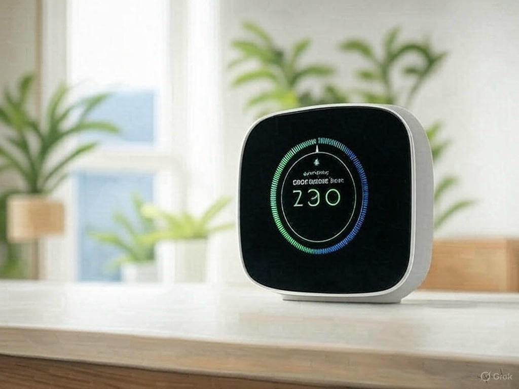 Minimalist smart thermostat with AI learning display on a white background, surrounded by green plants in a modern home setting