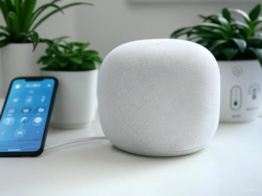 Minimalist smart speaker on a white surface with a smartphone showing a control app, green plants in pots, and smart home integration icons in the background
