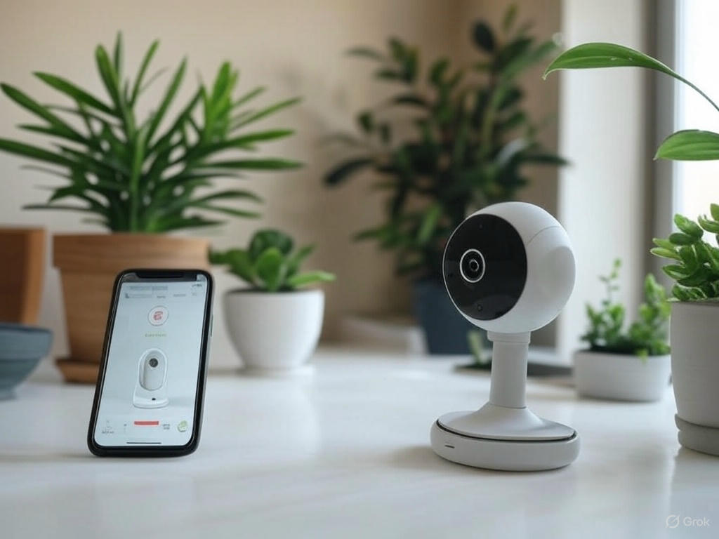 Minimalist smart security camera on a white surface with a smartphone showing a motion alert app, green plants in pots, and security feature icons in the background