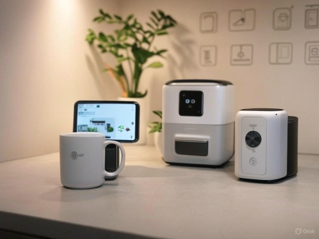 Minimalist smart kitchen setup with Mini Electric Smart Rice Cooker, Automatic Stirring Coffee Mug, Electric Cooker, and XIAOMI Mini Portable Blender on a white countertop, green plants, and smartphone showing a control app in the background.