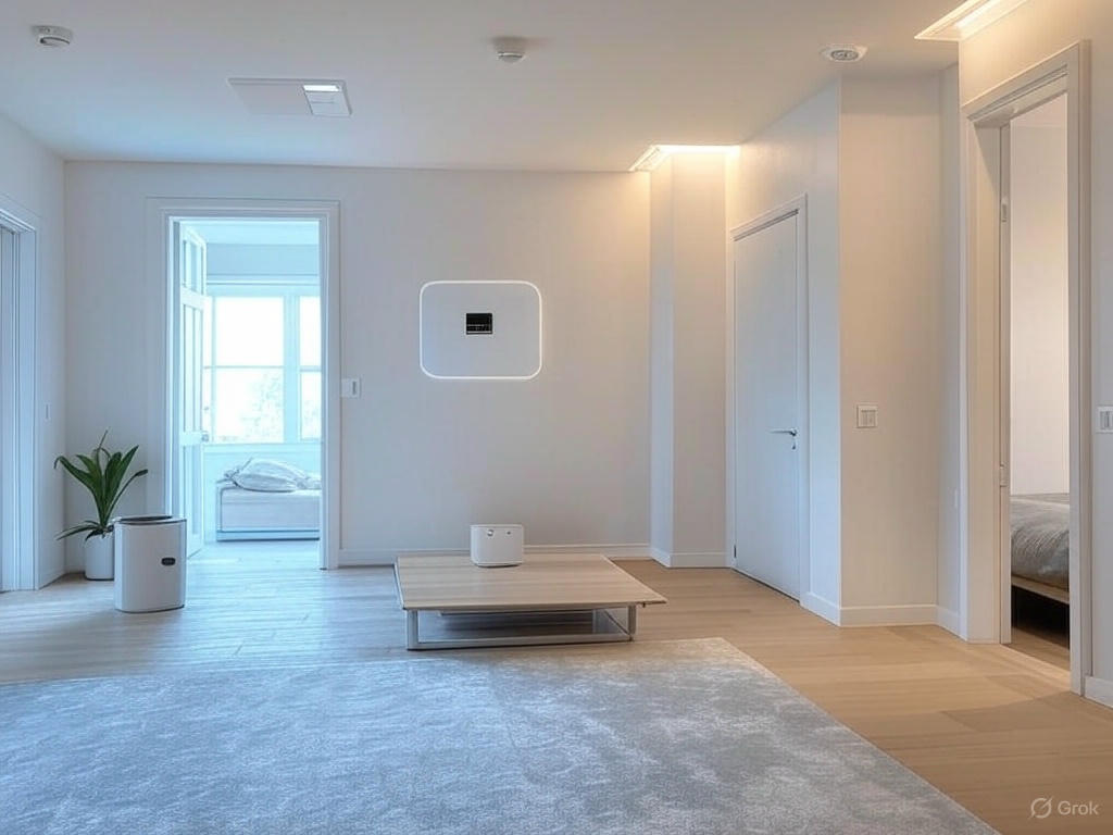 Modern living room with smart sensors, including a motion sensor, smoke detector, and smart hub, highlighting a sleek interior with wooden flooring and a sofa, themed "The Role of Smart Sensors in Building a Safer and Smarter Home."