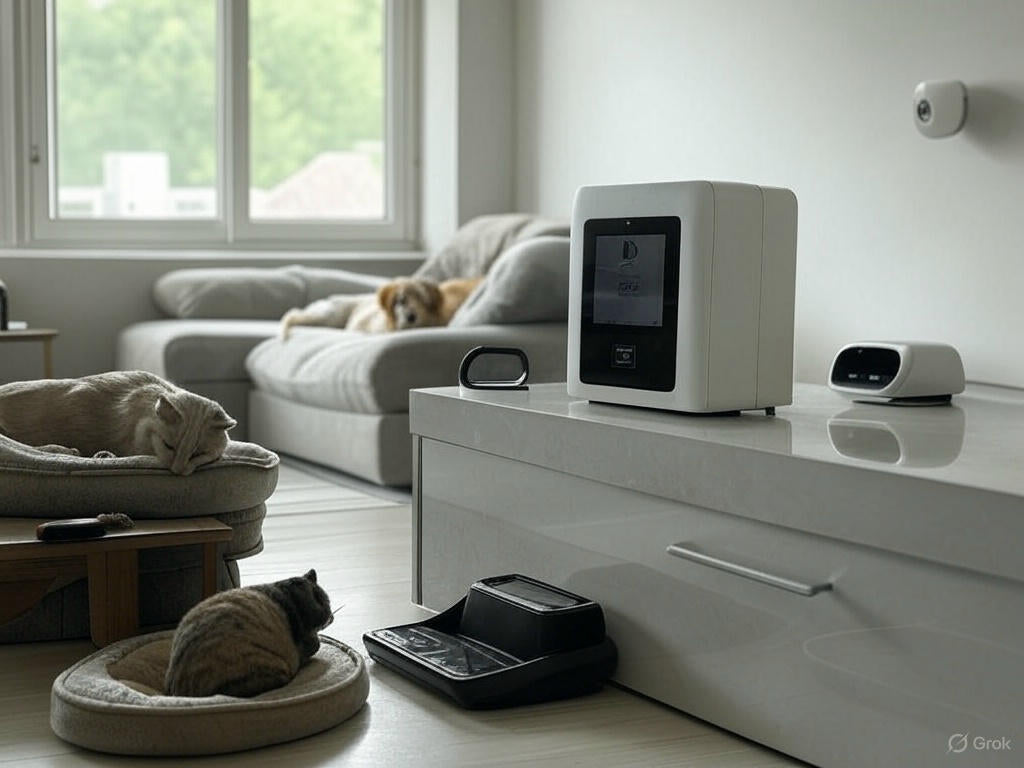 Modern living room with smart pet tech, featuring a cat in a pet bed, a dog on a sofa, and gadgets like an automated feeder, pet camera, and smart toys, illustrating "Smart Home Tech for Pet Owners: Gadgets to Keep Your Pets Happy and Safe."