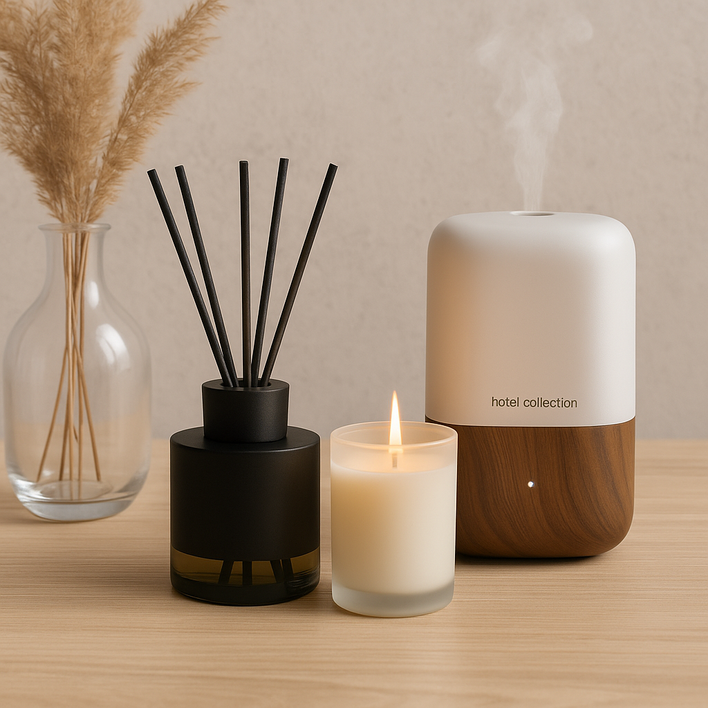 Luxury home fragrance with aroma diffuser, reed diffuser sticks, and candle creating hotel collection scents in modern elegant decor