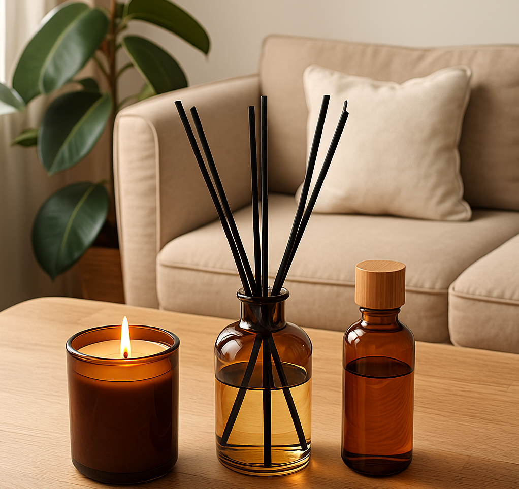 Luxury home fragrance setup with candle and reed diffuser on wooden table in cozy living room with warm natural lighting