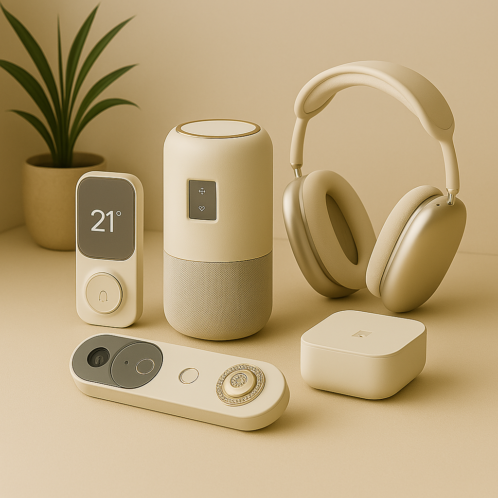 Luxury smart home gadgets including digital art frame, premium smart lighting, smart wine cooler, voice-controlled mirror, and robotic vacuum arranged in a modern minimalist setting