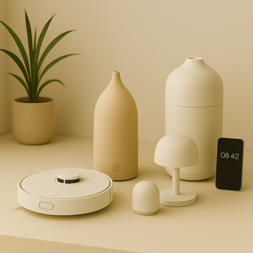 Minimalist smart home gadgets including diffuser, smart plug, air purifier, and sleek lamp on a beige background.
