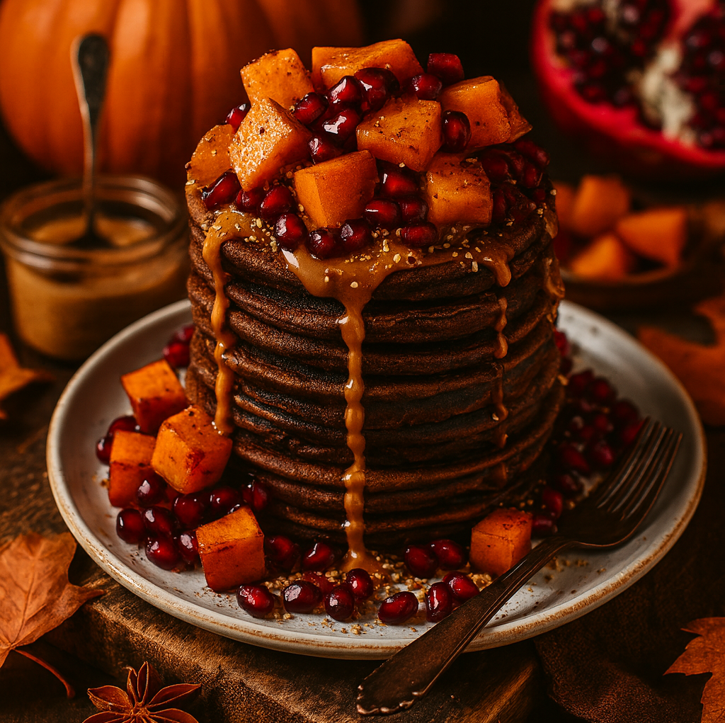 “Stack of fluffy chocolate pancakes topped with caramel, roasted pumpkin cubes and pomegranate seeds — cozy autumn breakfast with fall leaves and warm golden light.”