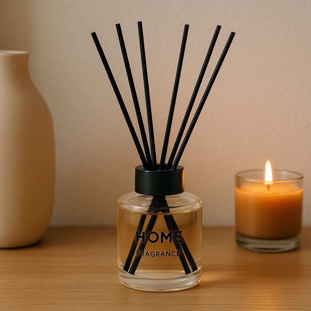 Reed diffuser sticks in a glass bottle with candle and vase, creating cozy fall home fragrance with long-lasting scent