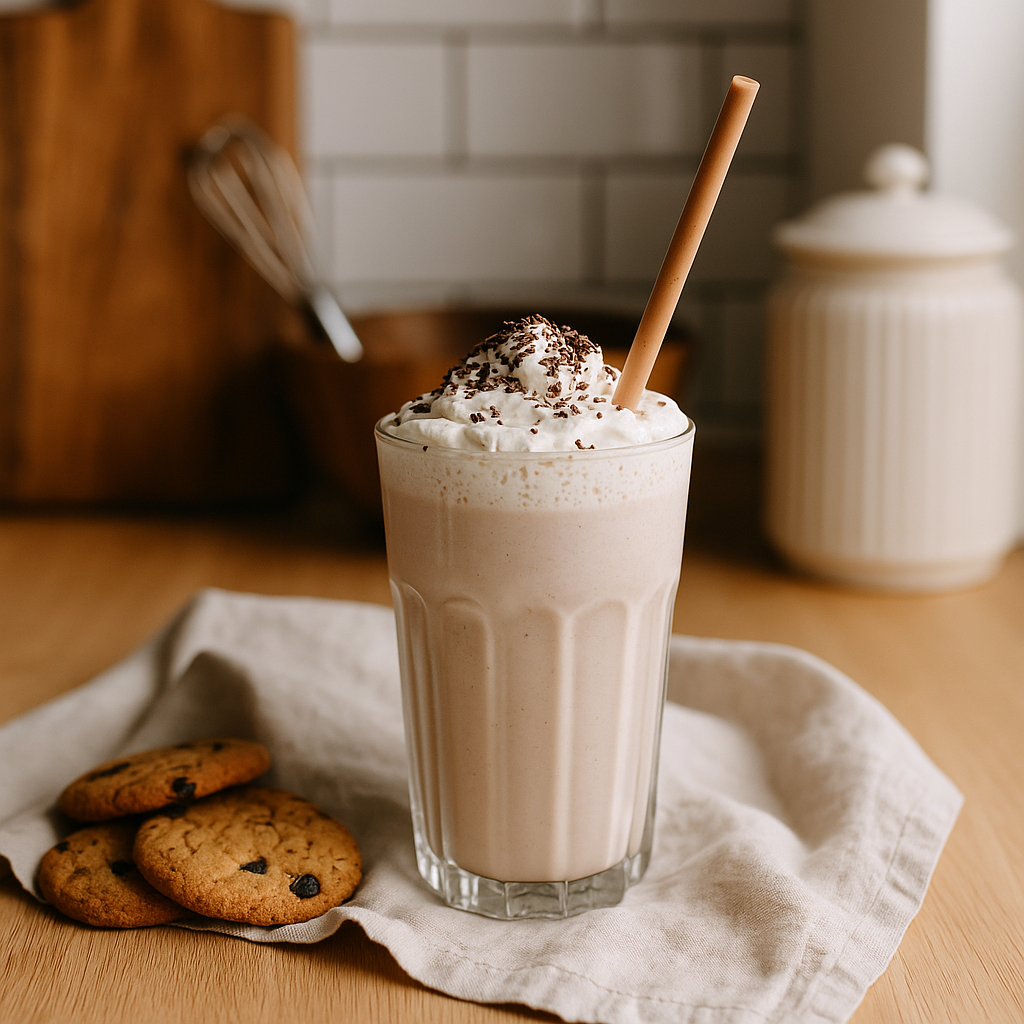 Milkshake with whipped cream and cookies on wooden kitchen counter creating cozy homemade dessert atmosphere