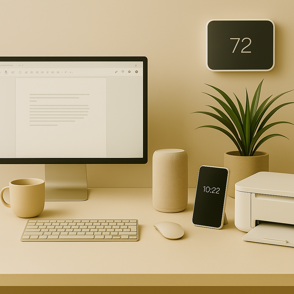 Modern smart home office setup with smart monitor, adjustable desk, voice assistant, smart lighting, and air purifier in a minimalist workspace