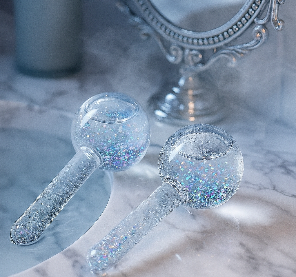 Two Facial Ice Ball Cryo Globes with glitter gel lying on a marble vanity near a decorative mirror in a spa‑like bathroom setting, used for skincare and cooling facial massage