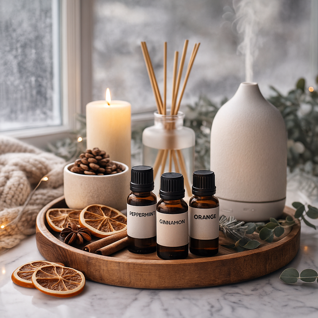 Winter essential oils with diffuser, candle, dried orange slices, pine cones and cinnamon on a tray by a snowy window.