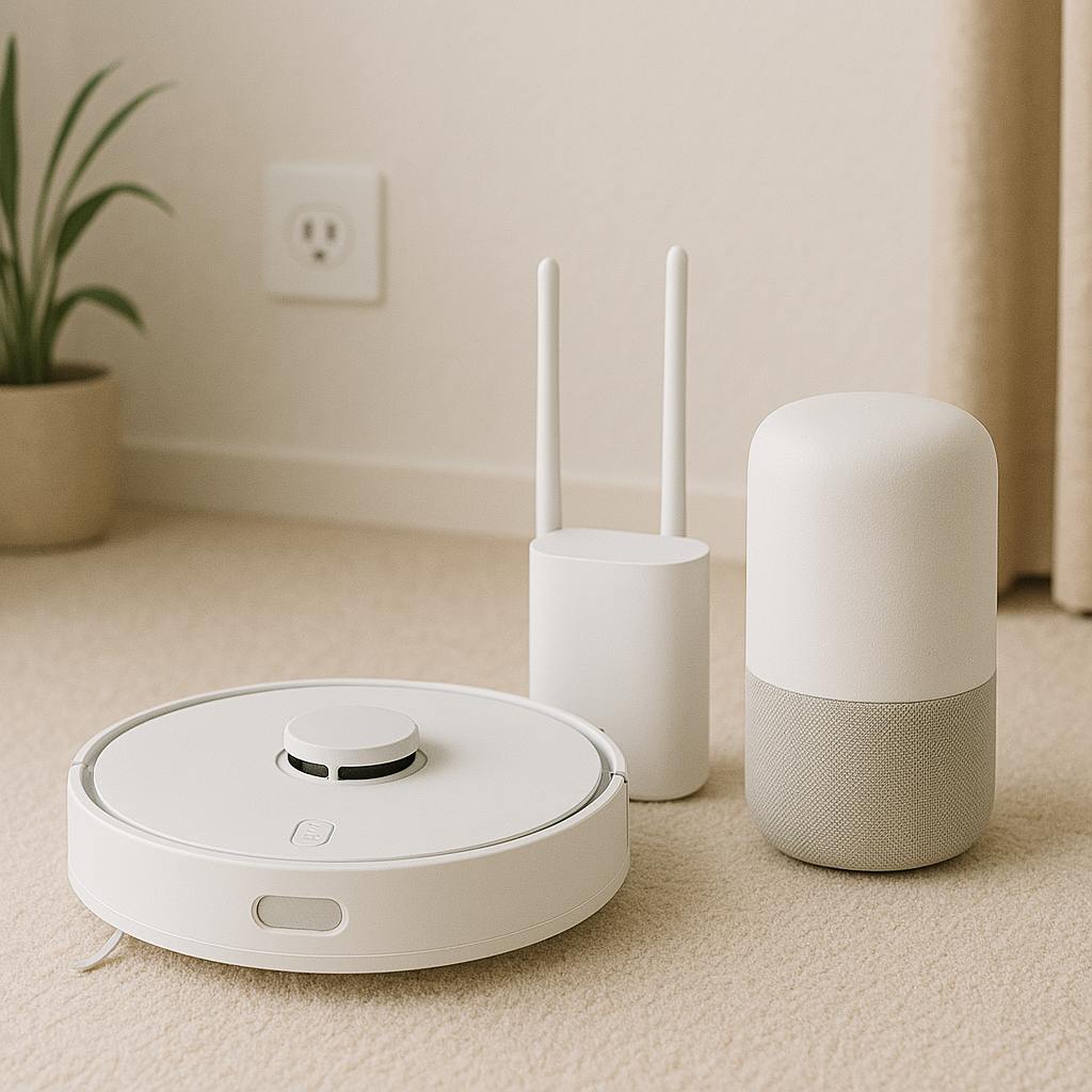 Smart living setup with robot vacuum, Wi-Fi router, and smart speaker on beige carpet.