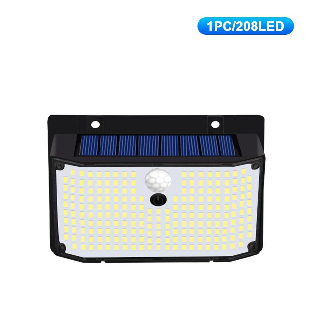 Single solar light with 208 LEDs and motion detection for bright, energy-efficient lighting