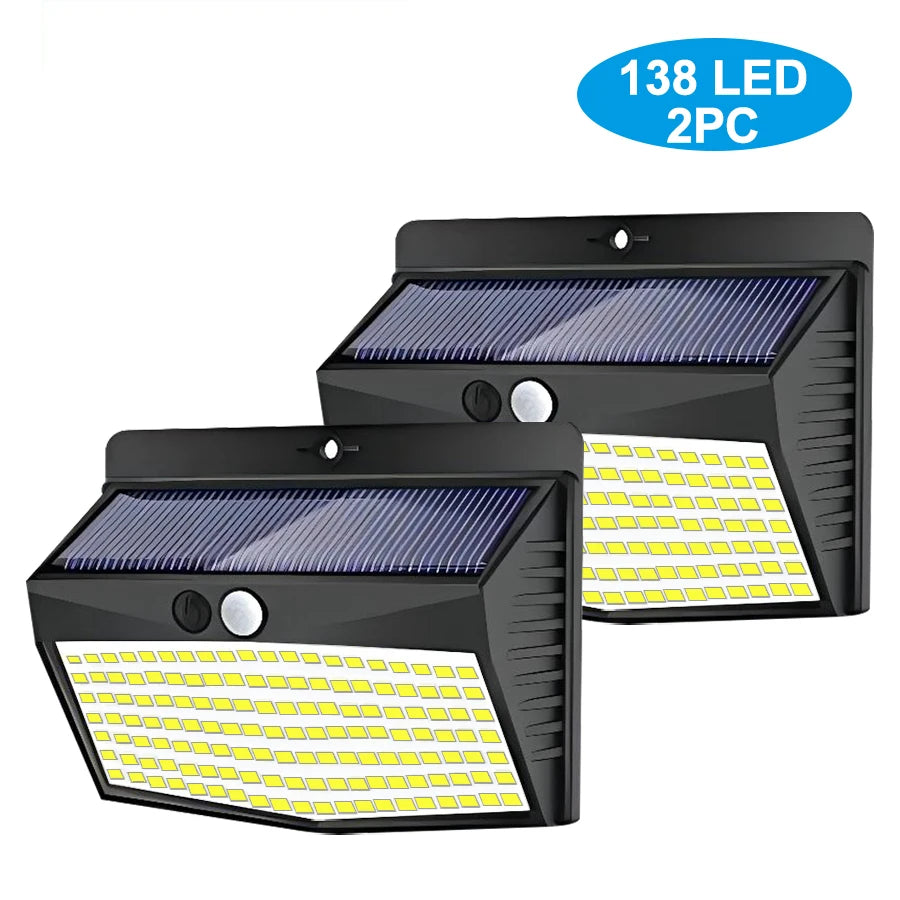 Pair of 138 LED solar lights designed for outdoor lighting with motion sensor function