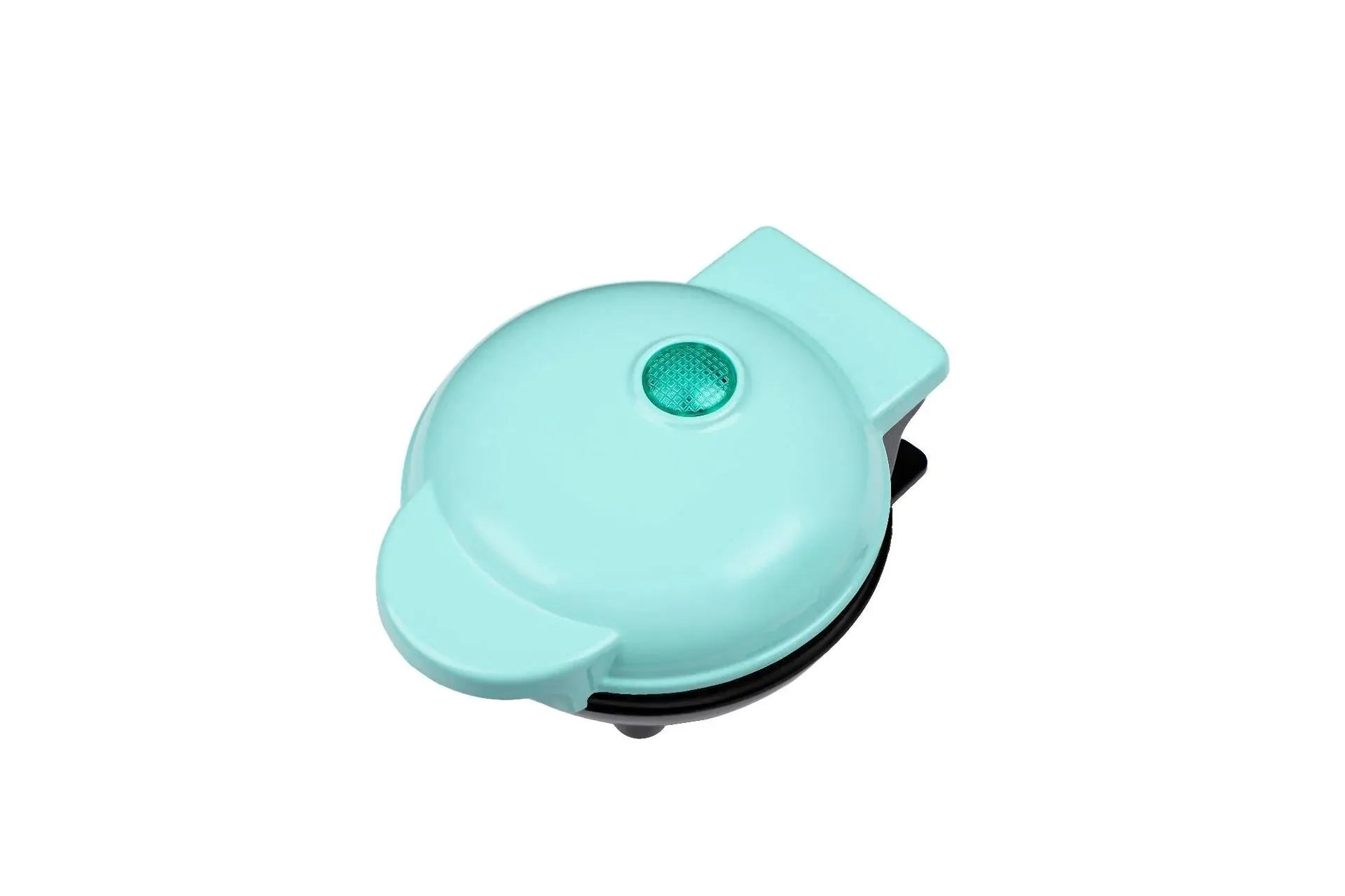 Top view of an aqua Versatile Mini Waffle Maker with a green indicator light, perfect for small spaces and stylish kitchens.