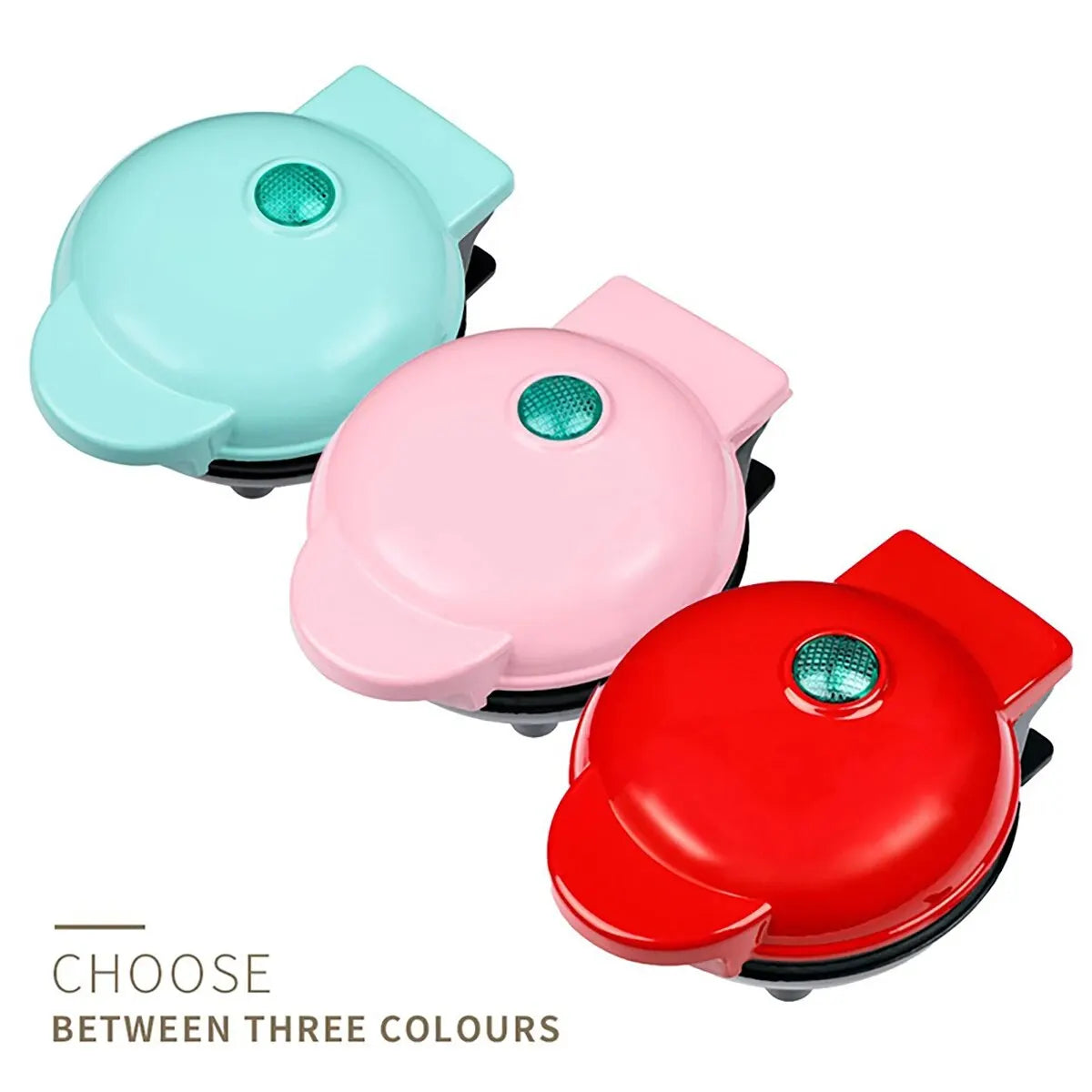 A Versatile Mini Waffle Maker in aqua, pink, and red colors, offering stylish options for compact and versatile cooking.