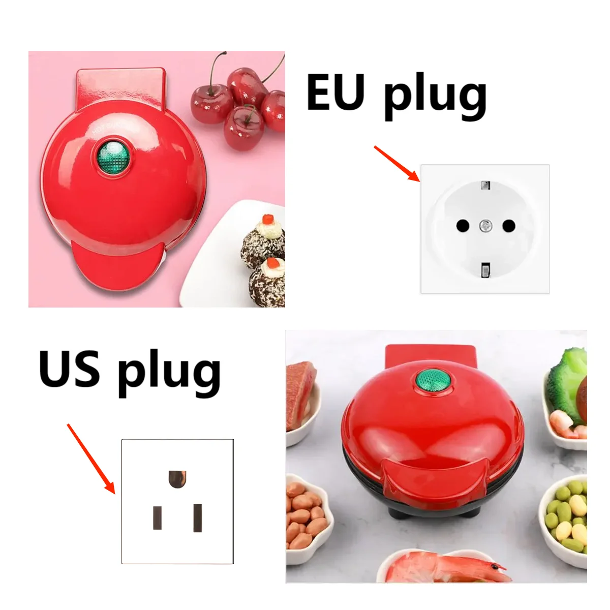 Red Versatile Mini Waffle Maker with EU and US plug options, shown with waffles, cupcakes, and savory snacks for versatile cooking.