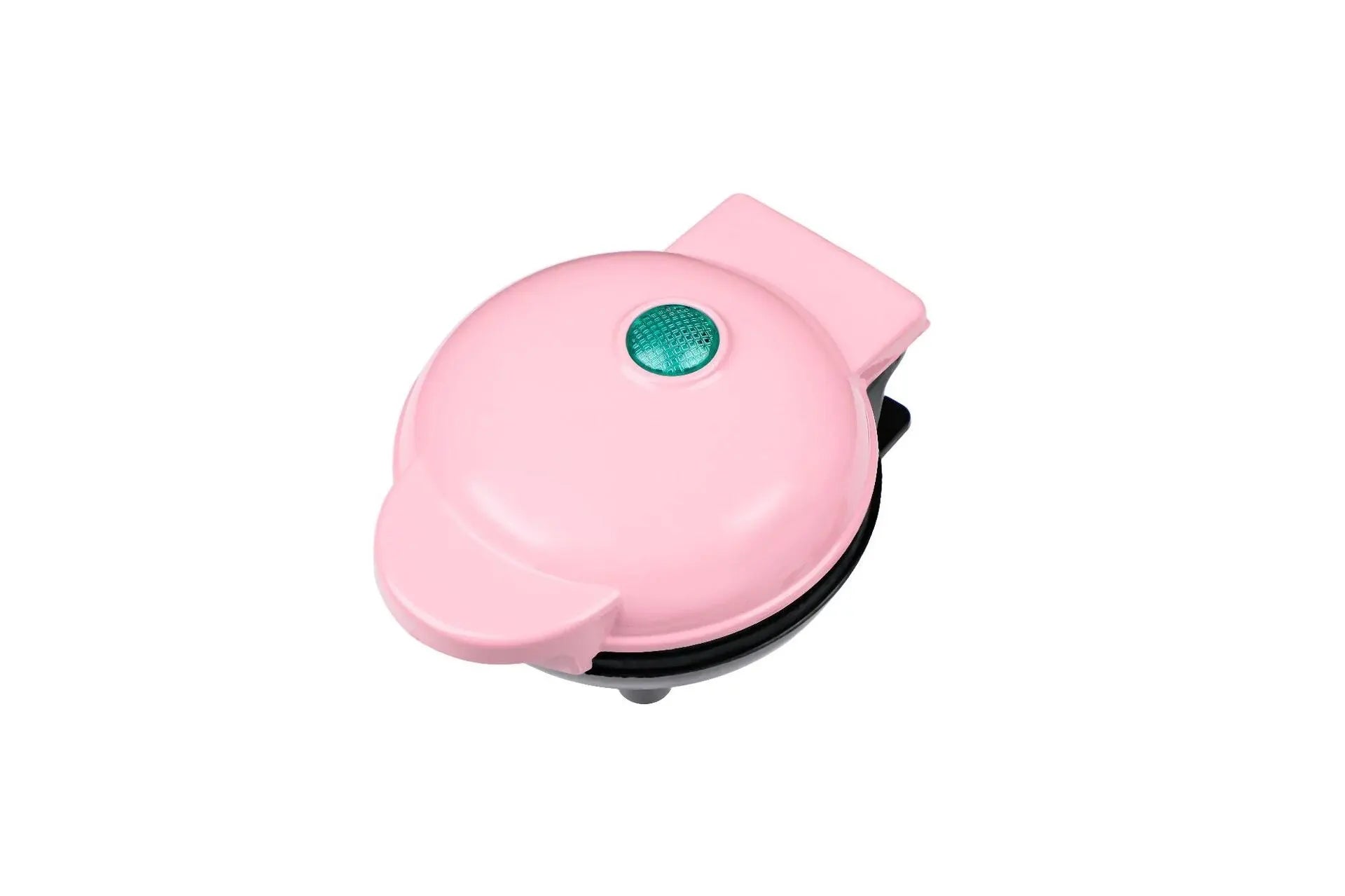 Top view of a pink Versatile Mini Waffle Maker with a green indicator light, ideal for cute and compact kitchen appliances.