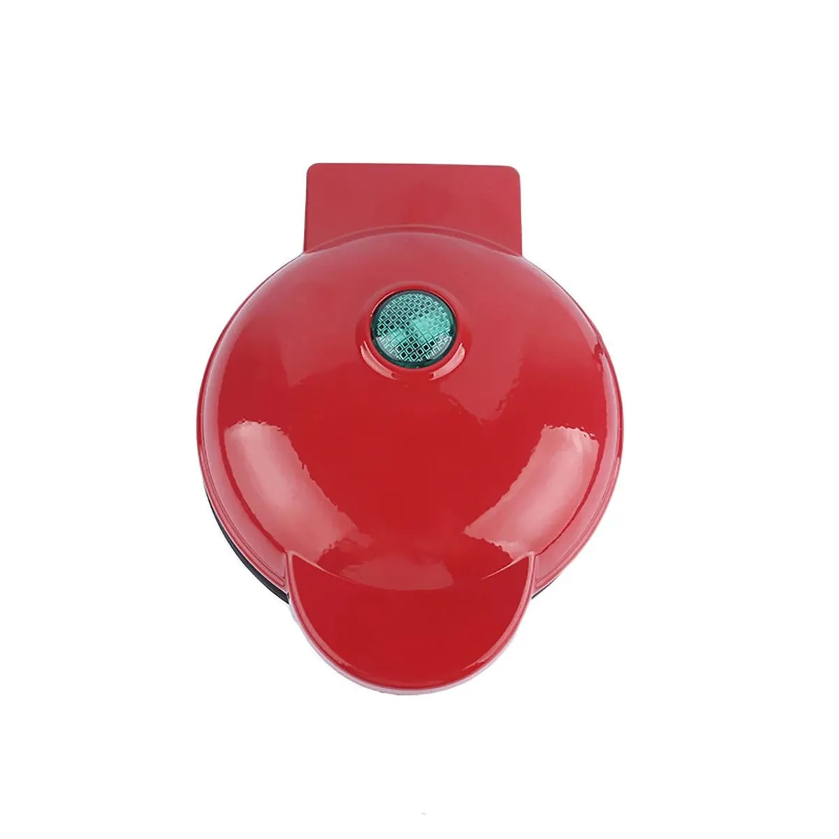 Top view of a red Versatile Mini Waffle Maker with a green indicator light, showcasing its sleek and compact design.