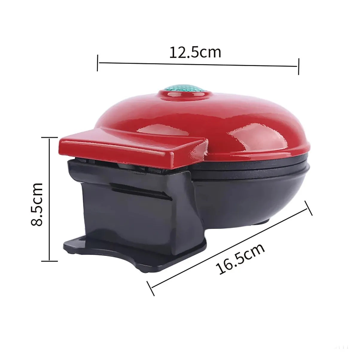 Red Versatile Mini Waffle Maker with dimensions (16.5cm x 12.5cm x 8.5cm), compact design for small kitchens or travel.