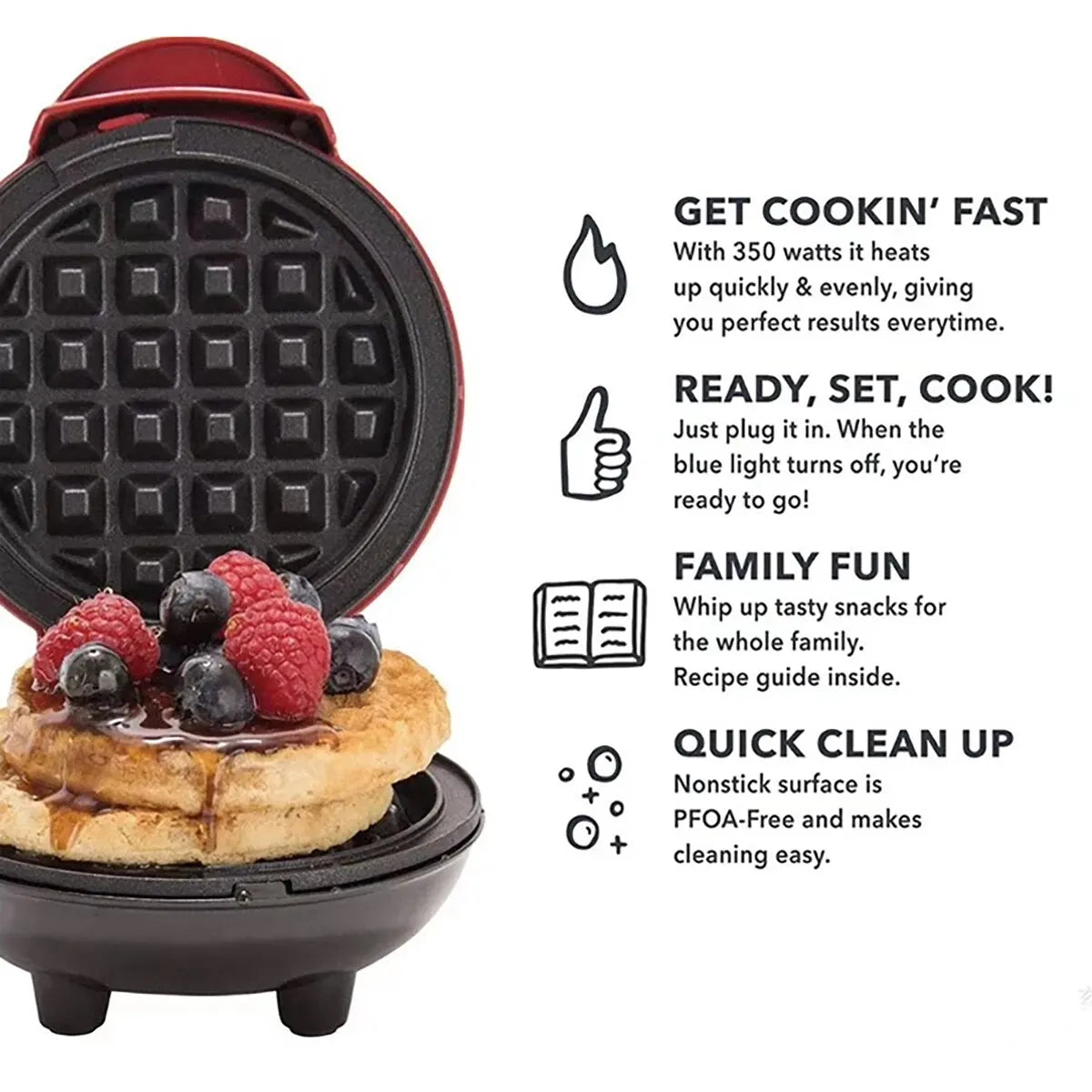 Red Versatile Mini Waffle Maker with a waffle topped with berries, highlighting 350W fast cooking, non-stick, and family fun features.
