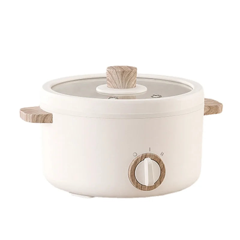 Side view of Multi-function Mini Cooker showing 600W big fire and 200W small fire settings, with transparent lid and wooden handle.