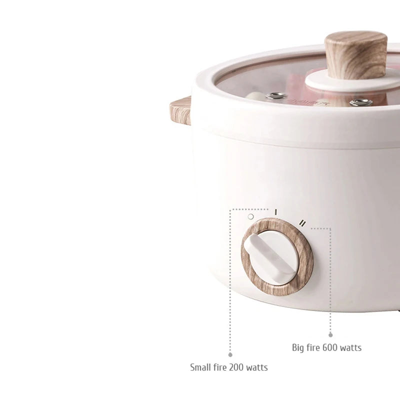 Side view of Multi-function Mini Cooker with adjustable temperature control knob, featuring wooden handle and transparent lid.