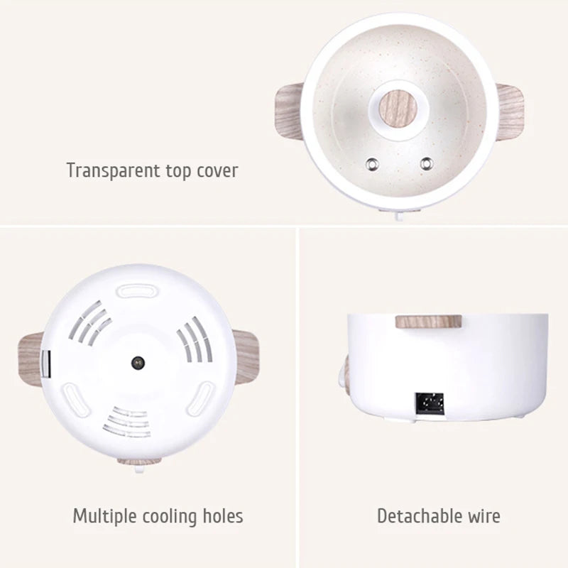 Top view of Multi-function Mini Cooker with transparent cover, multiple cooling holes, and detachable wire for easy storage.
